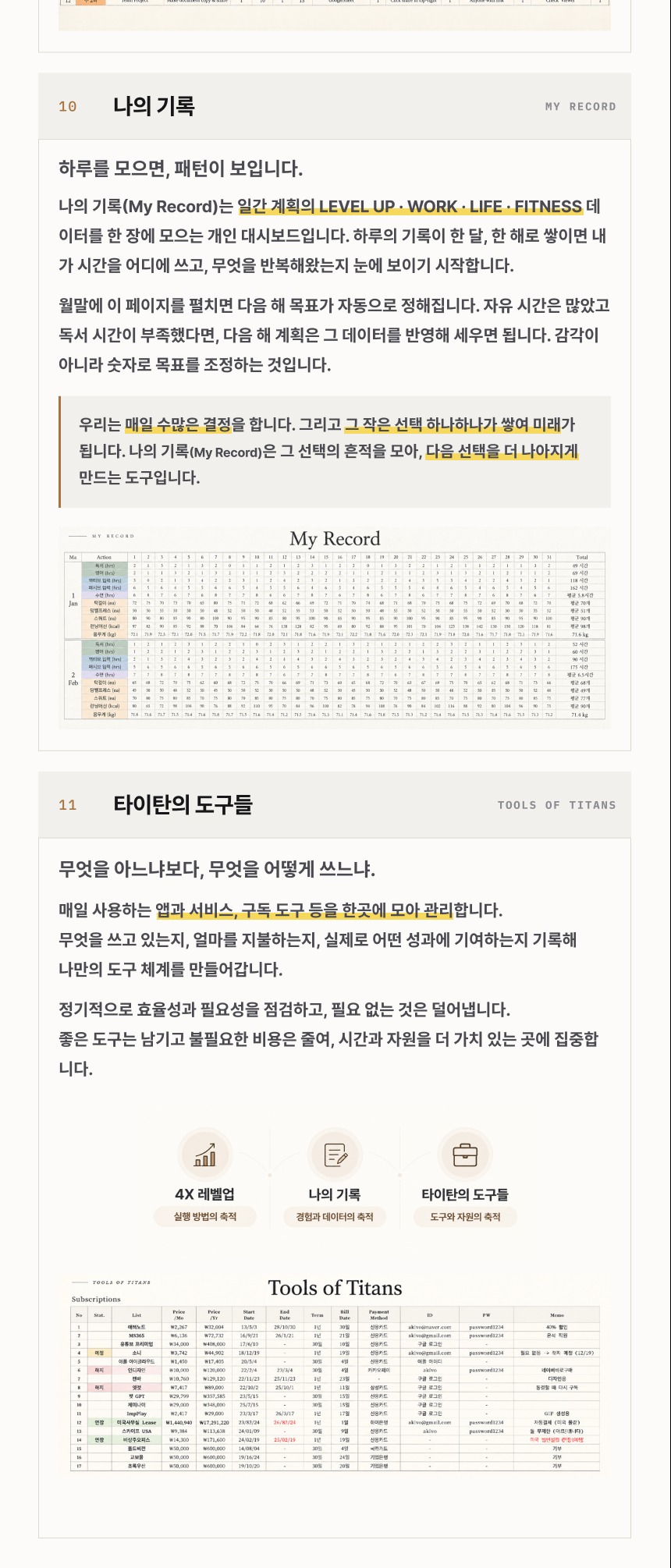 My Record and Tools of Titans page examples